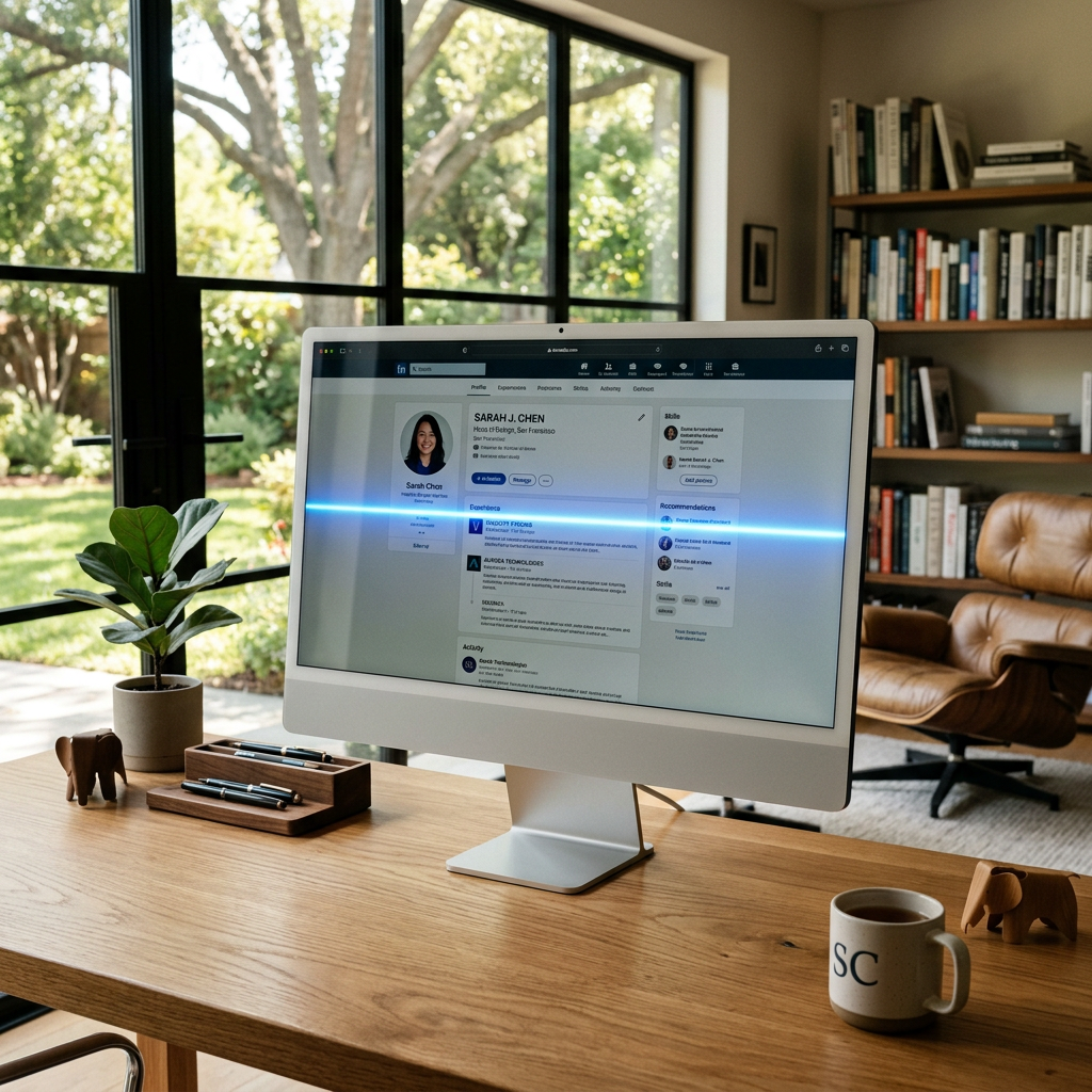 LinkedIn-profiel op een desktopcomputer in een kantoor